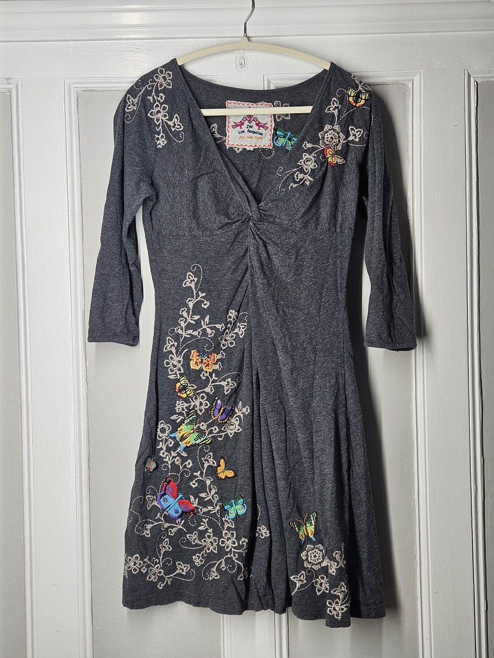 Johnny Was Charcoal Dress with Multicolor Butterfly Embroidery sz S